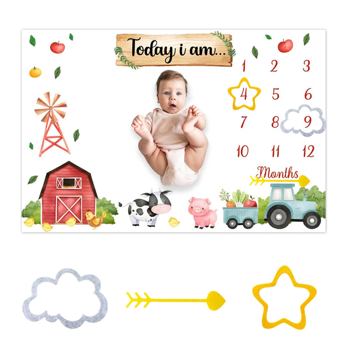 CSFOTO Farm milestone blanket provides a roomy 60x40 backdrop for crisp monthly photos.