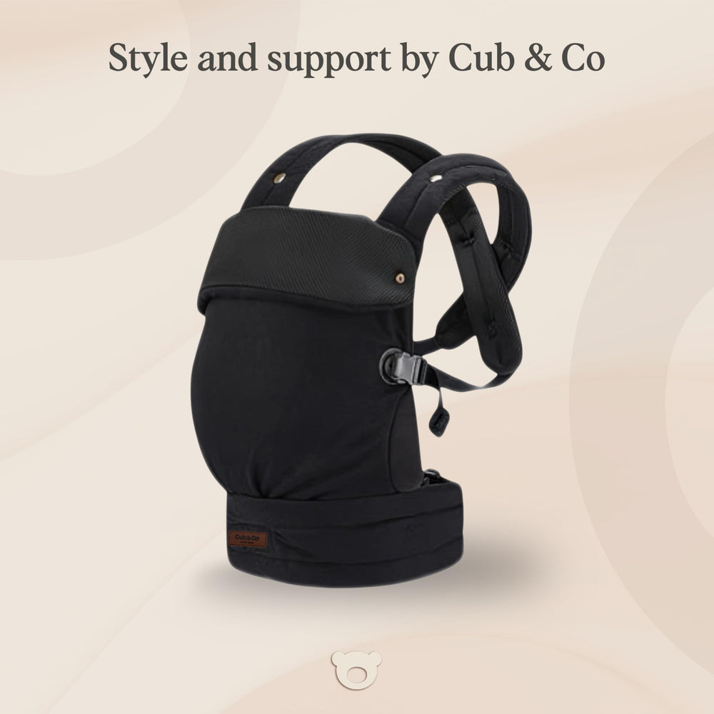 Cub & Co ergonomic baby carrier waistband details emphasize padded support