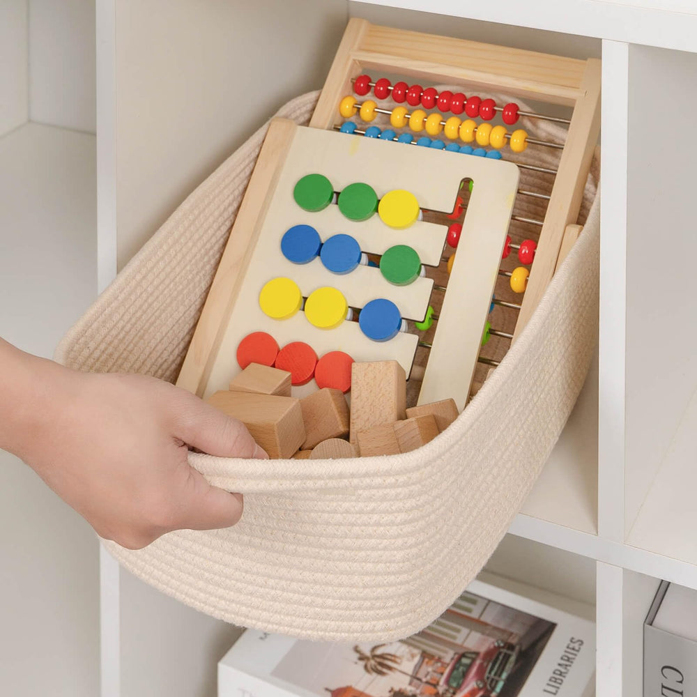 CubesLand basket on shelf supports neat organization in any room.