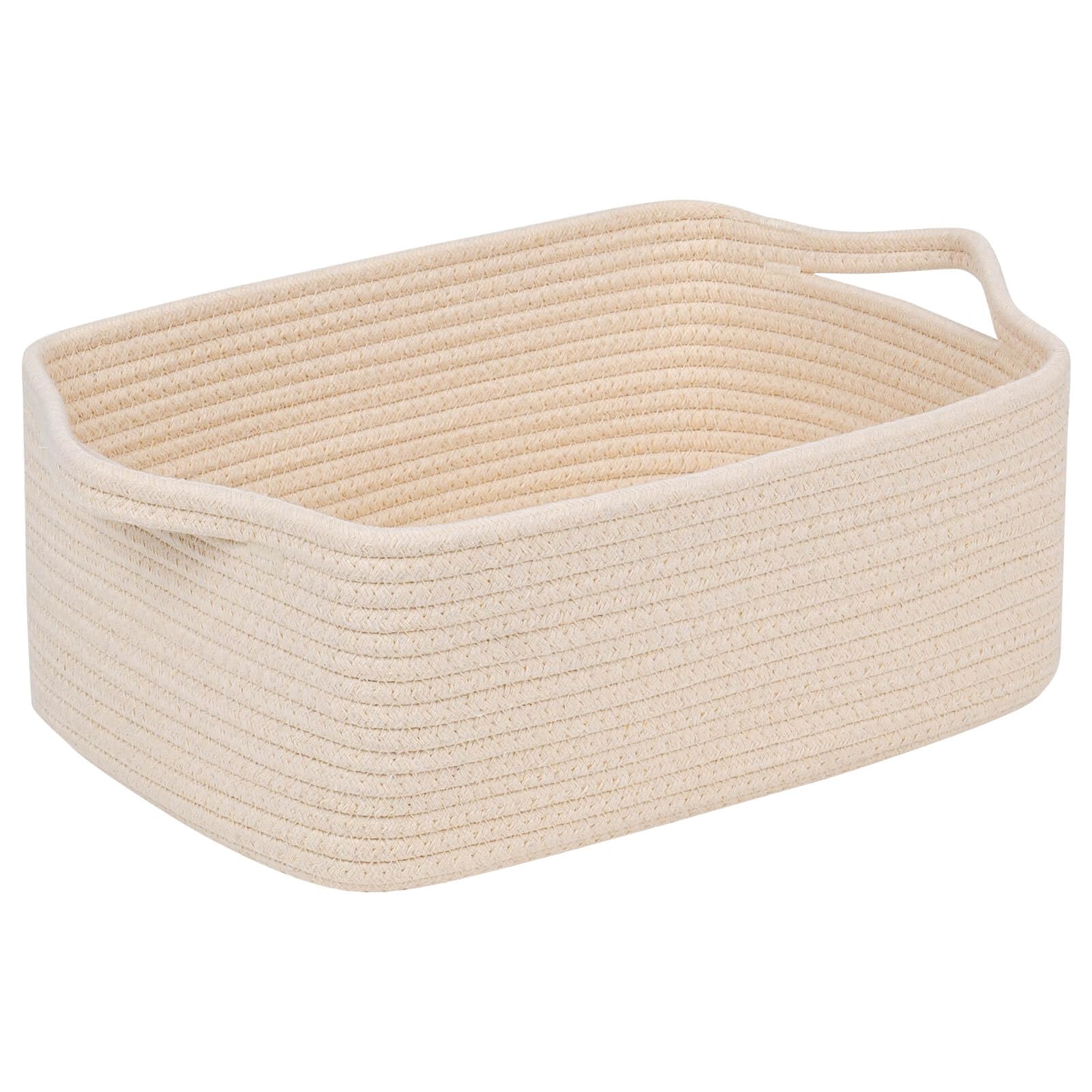 CubesLand rectangular cotton rope basket in beige neatly organizes shelves and laundry items.