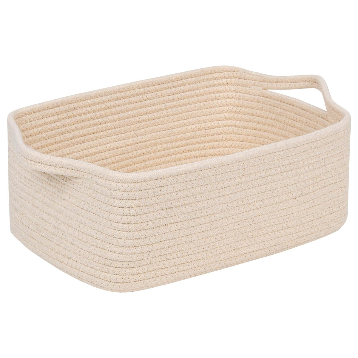 CubesLand rectangular cotton rope basket in beige neatly organizes shelves and laundry items.