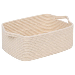 CubesLand rectangular cotton rope basket in beige neatly organizes shelves and laundry items.