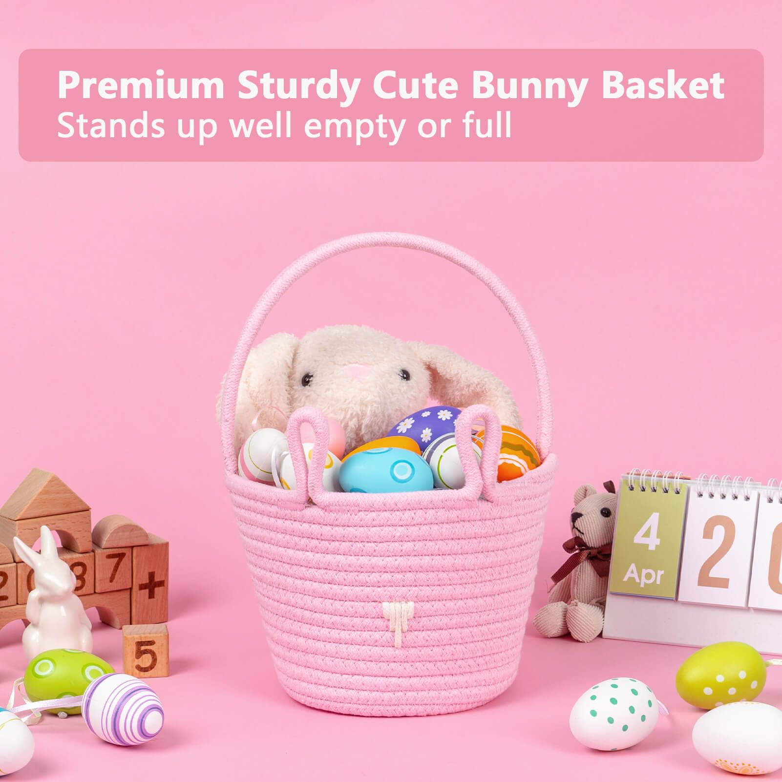 CubesLand pink Easter basket close-up highlights the two bunny ears and friendly design.