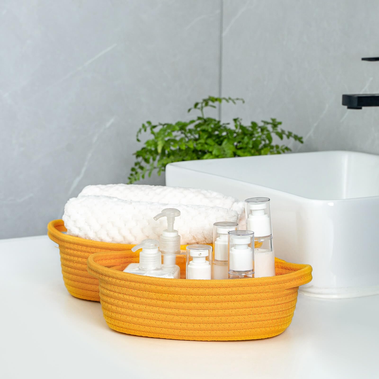 CubesLand countertop storage basket adds warm, natural texture while organizing small items.