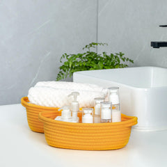 CubesLand countertop storage basket adds warm, natural texture while organizing small items.