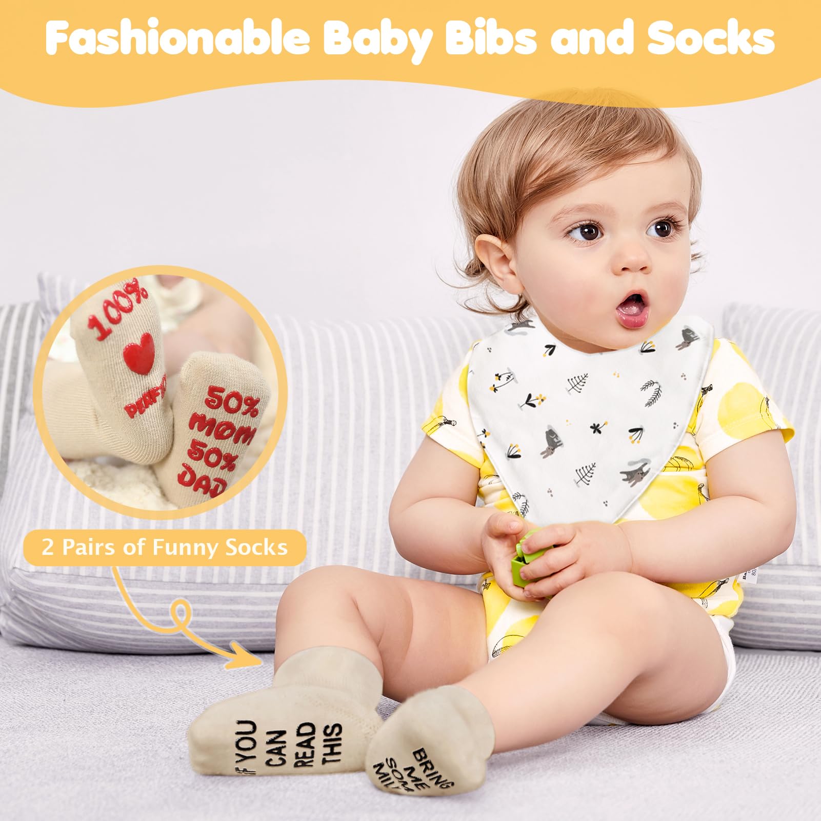 Cubotn baby socks and bib keep tiny outfits clean and adorable.