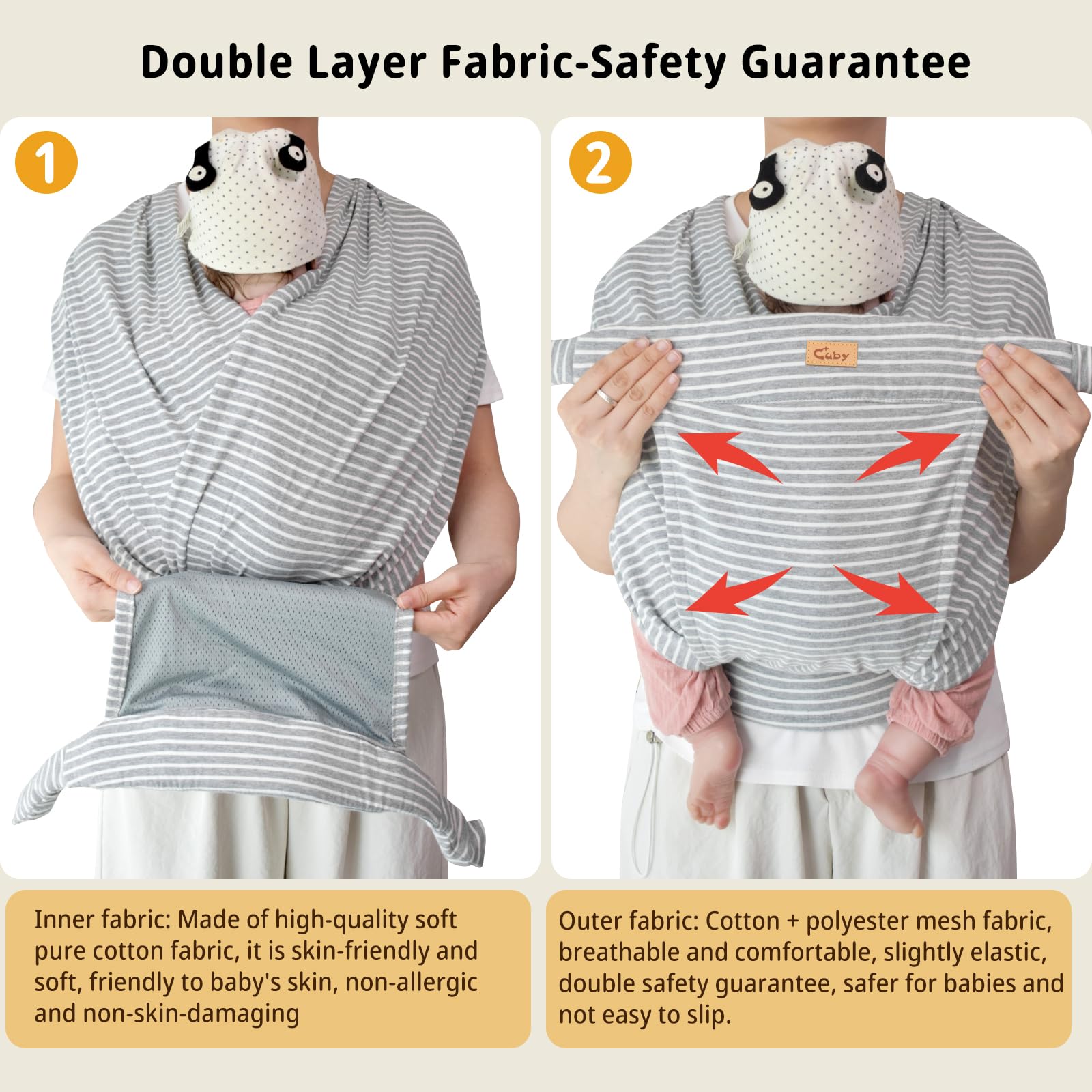 Cuby Baby Wrap back-x-shape support reduces shoulder strain for parent comfort.