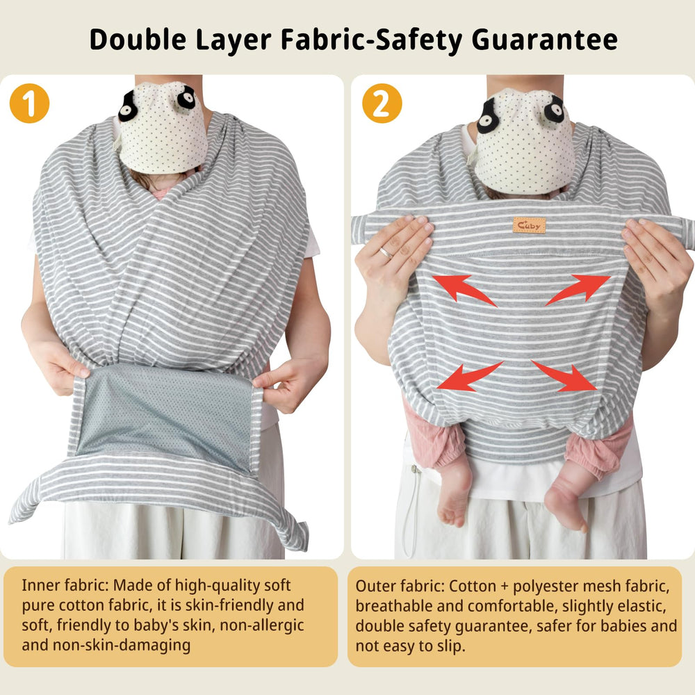 Cuby Baby Wrap back-x-shape support reduces shoulder strain for parent comfort.