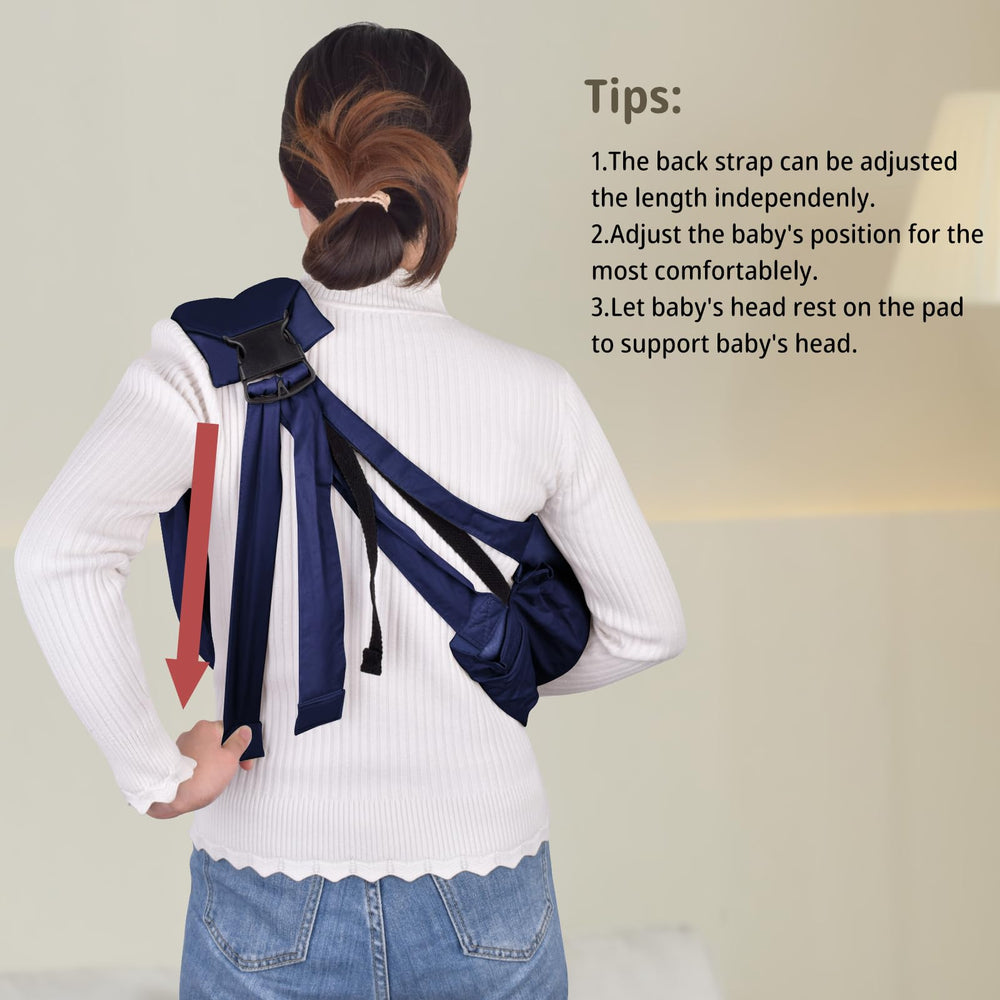 Cuby wrap in dark blue adjustable length fits different caregivers