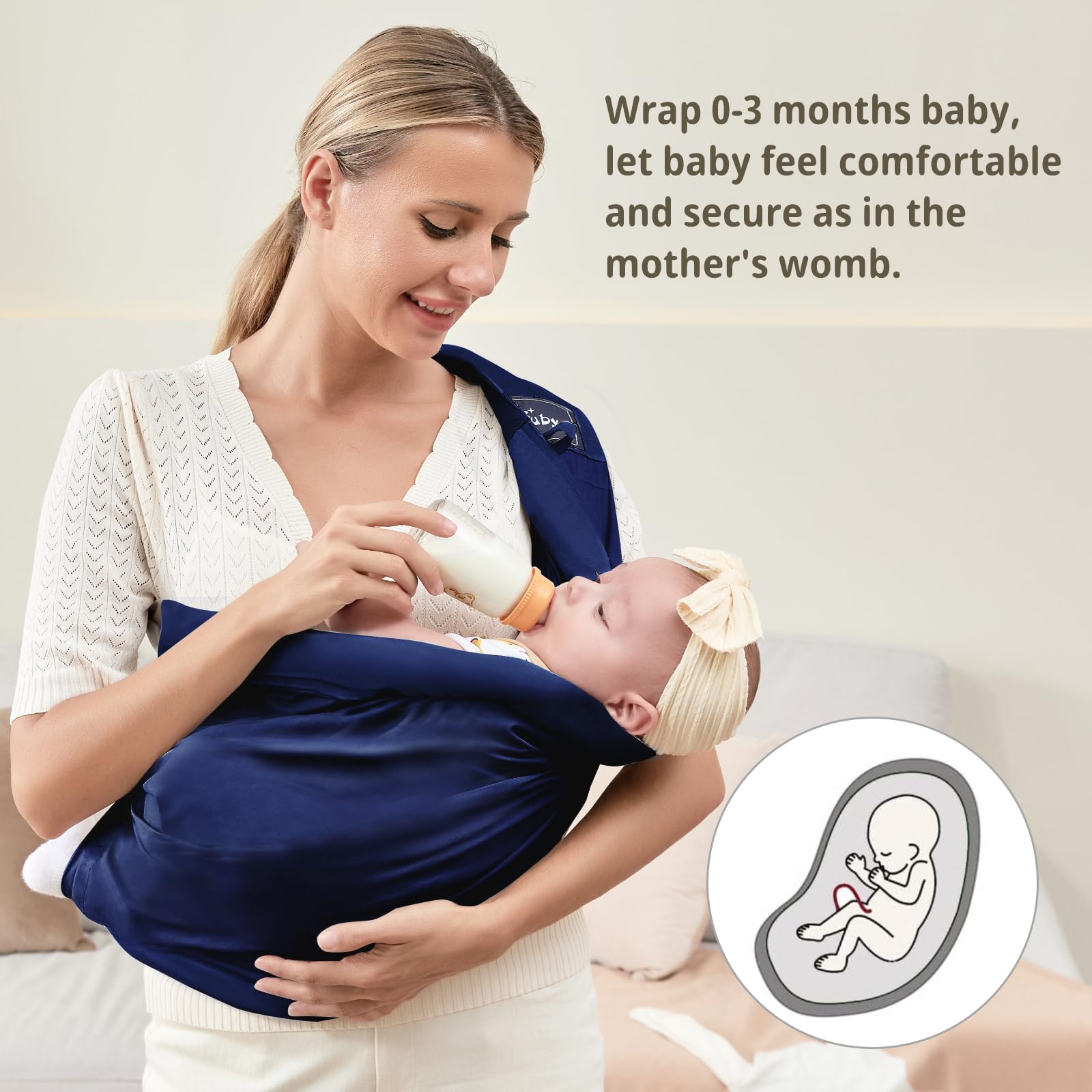 Cuby wrap in dark blue offers multiple carry positions for growing baby