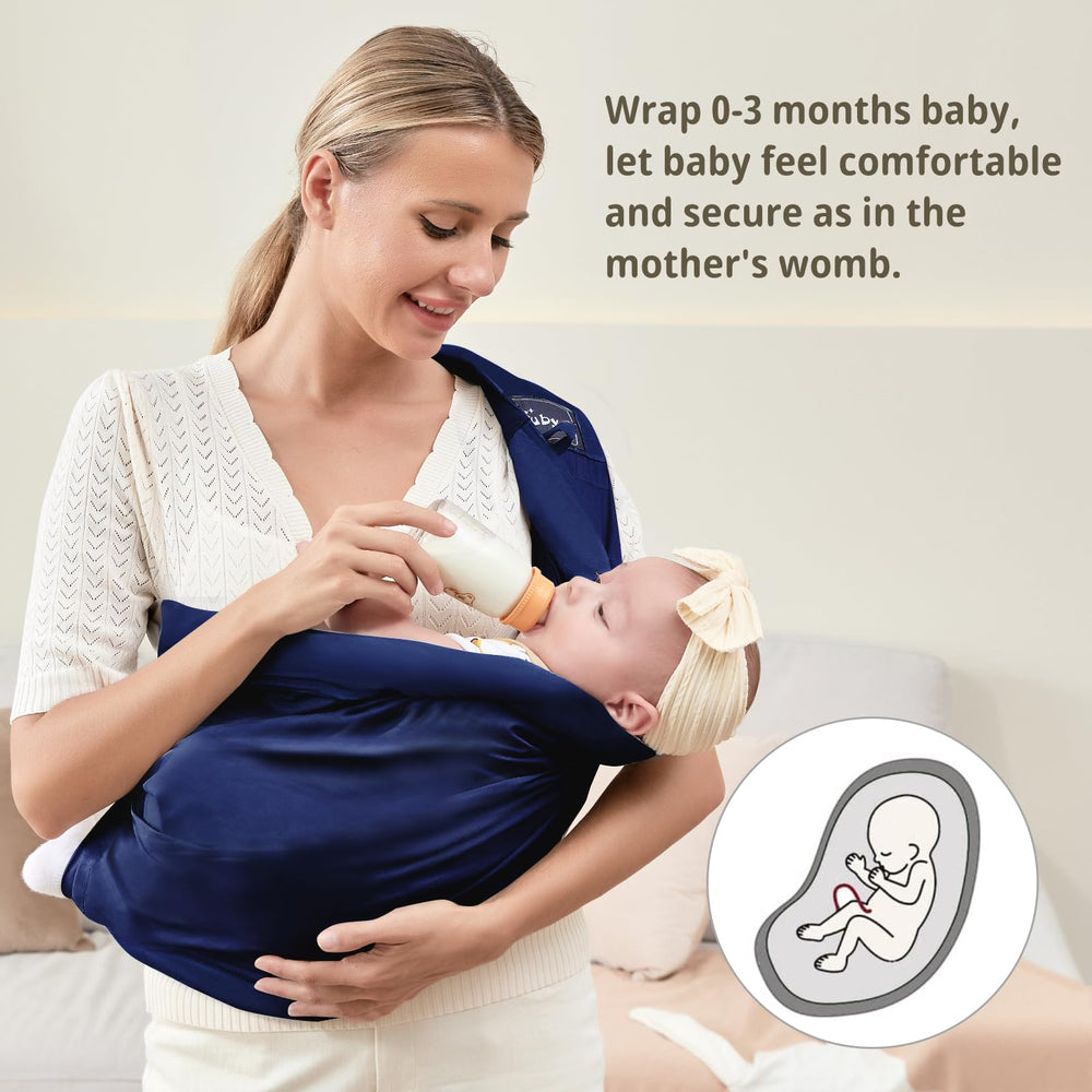 Cuby wrap in dark blue offers multiple carry positions for growing baby