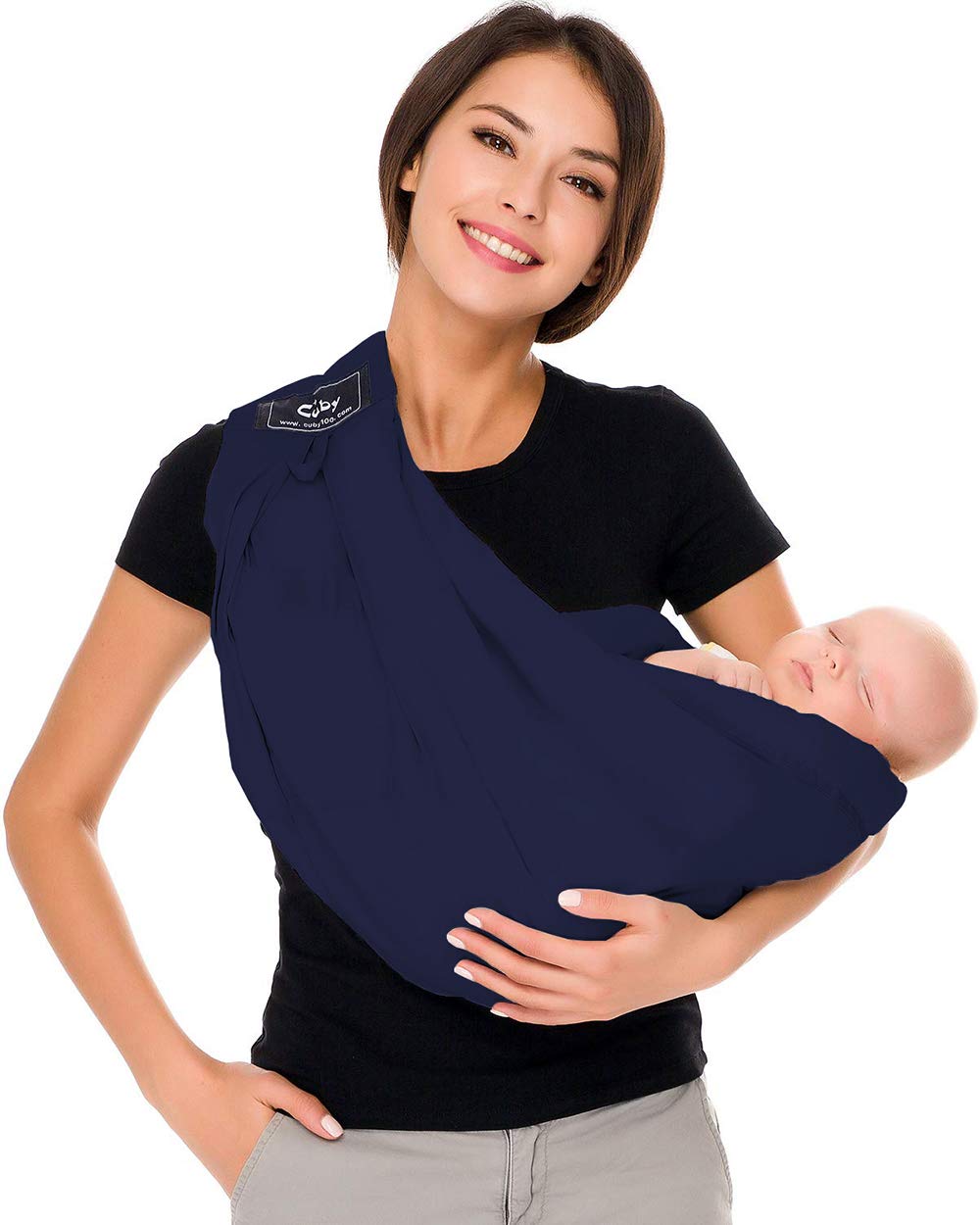 Cuby baby carrier in dark blue features soft cotton for gentle newborn wearing