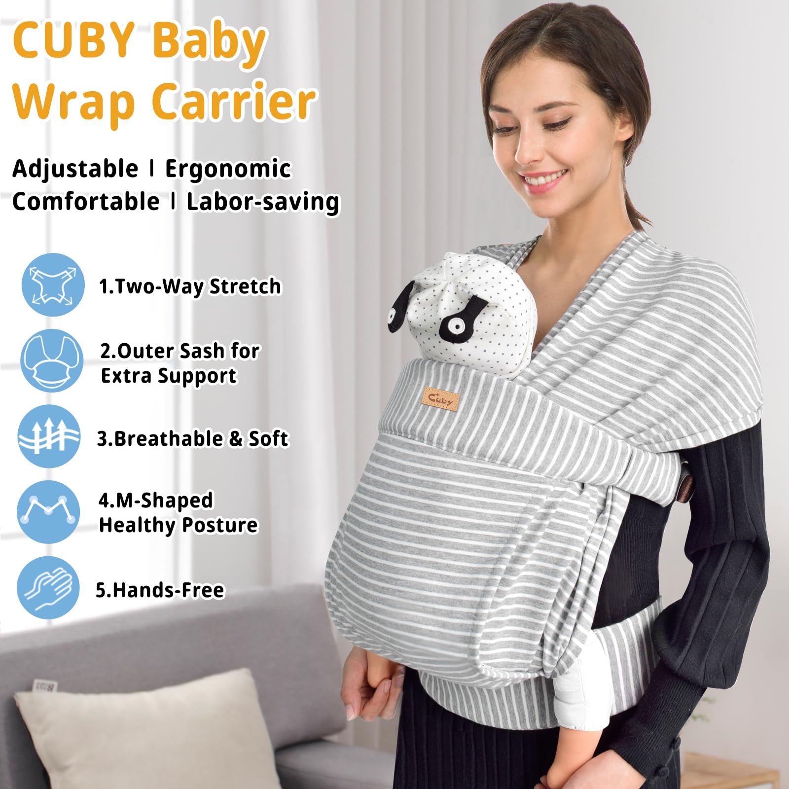 Cuby Baby Wrap ergonomic-front-wrap supports comfortable front carrying for baby and parent.