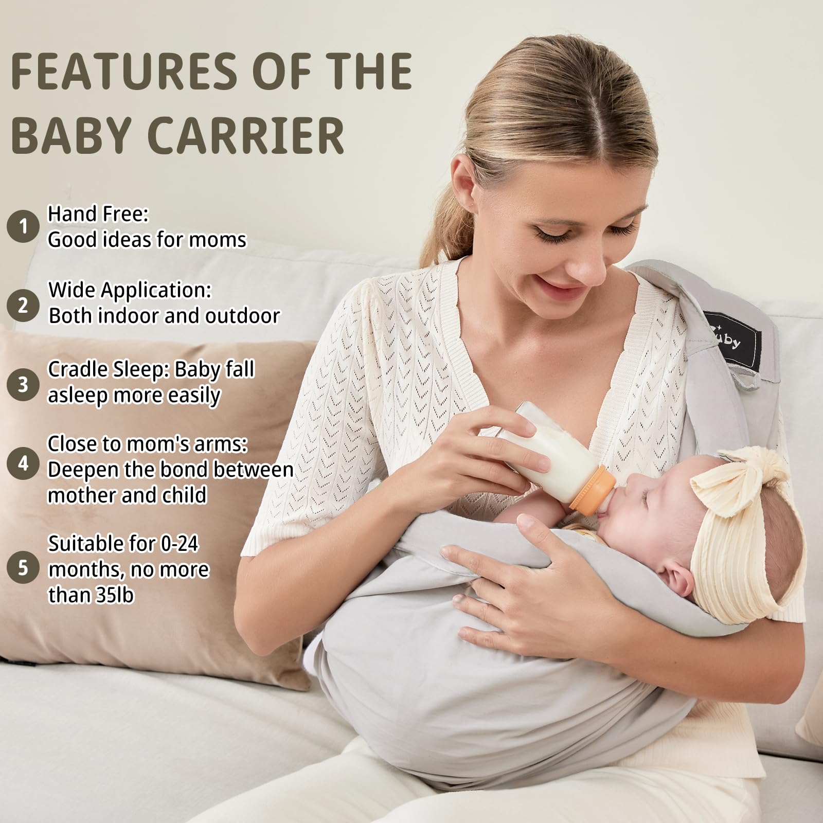 Cuby baby wrap sling adjustable length for perfect fit and growing baby.