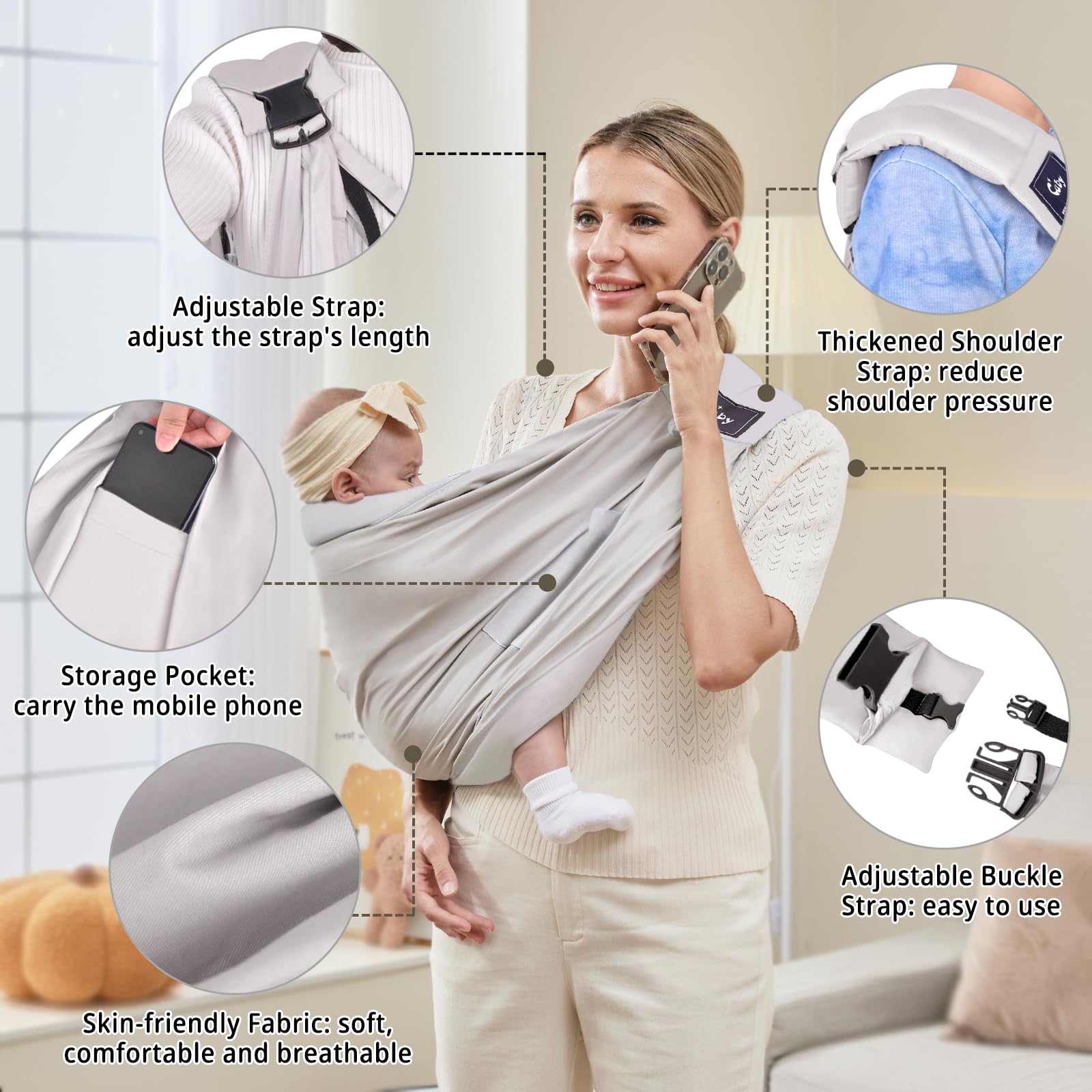 Cuby ergonomic shoulder pads distribute baby's weight to reduce fatigue.