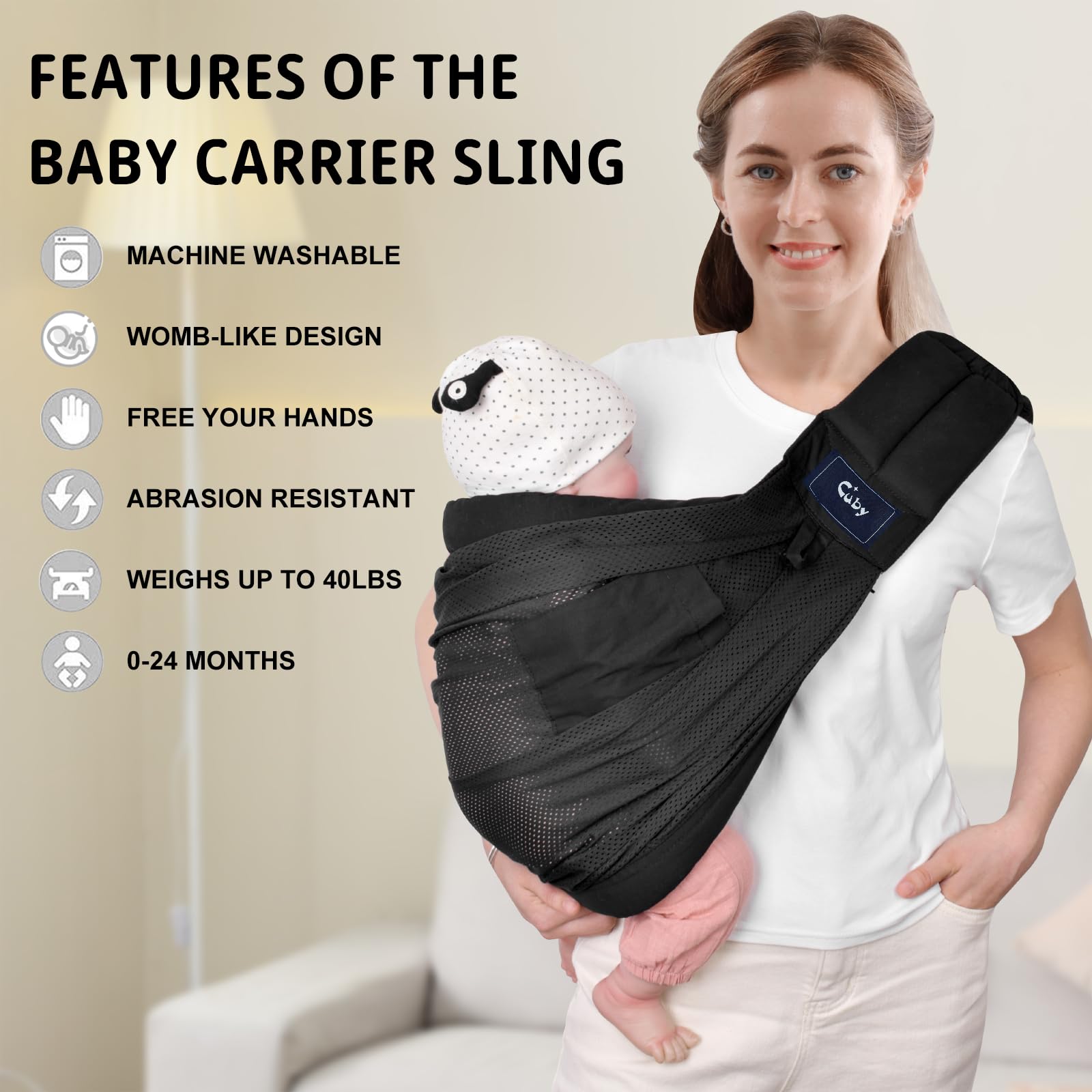 Cuby Mesh Baby Sling displays 360 degree airflow for cooling comfort during errands