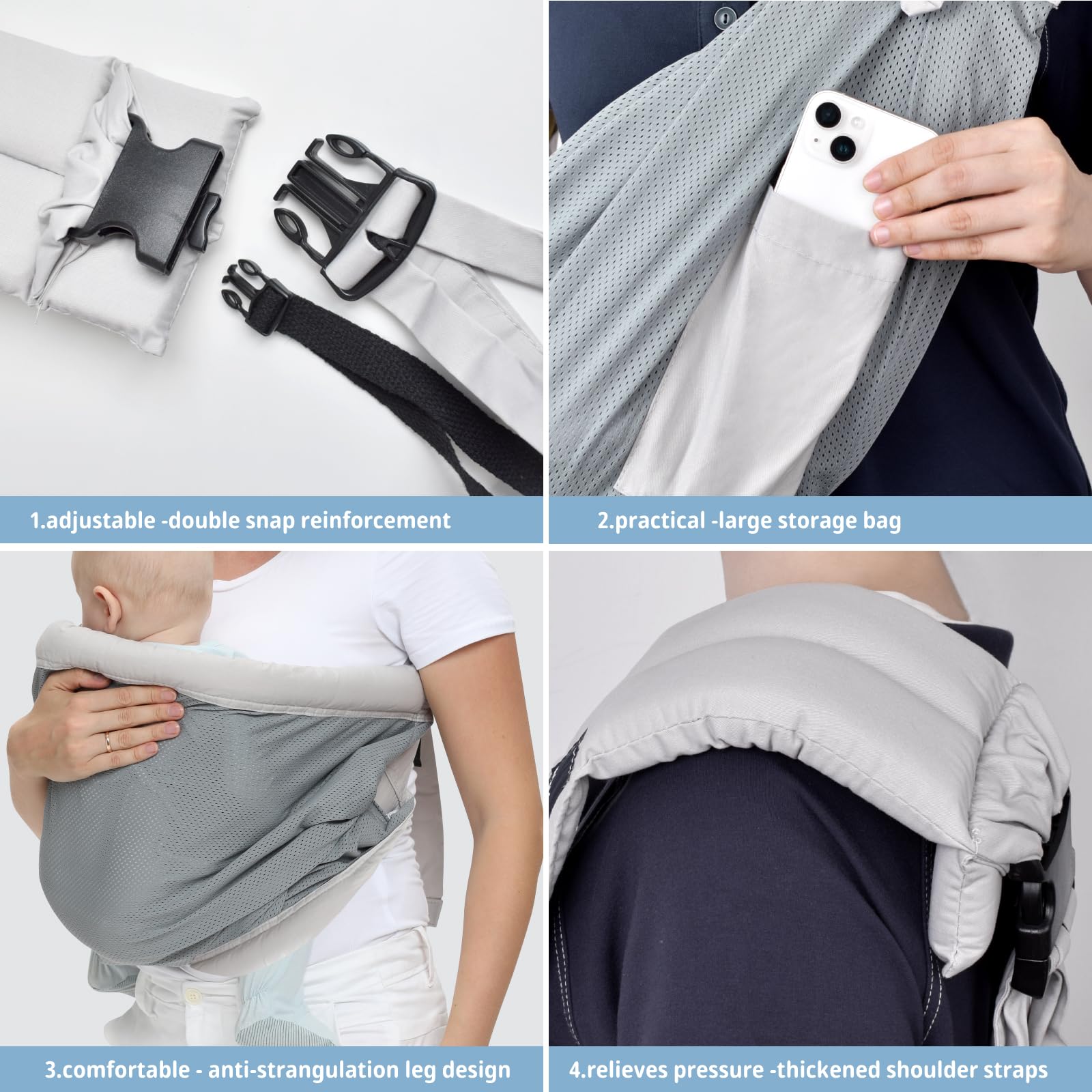 CUBY mesh baby sling adjustable strap demonstrates customizable fit for caregivers.