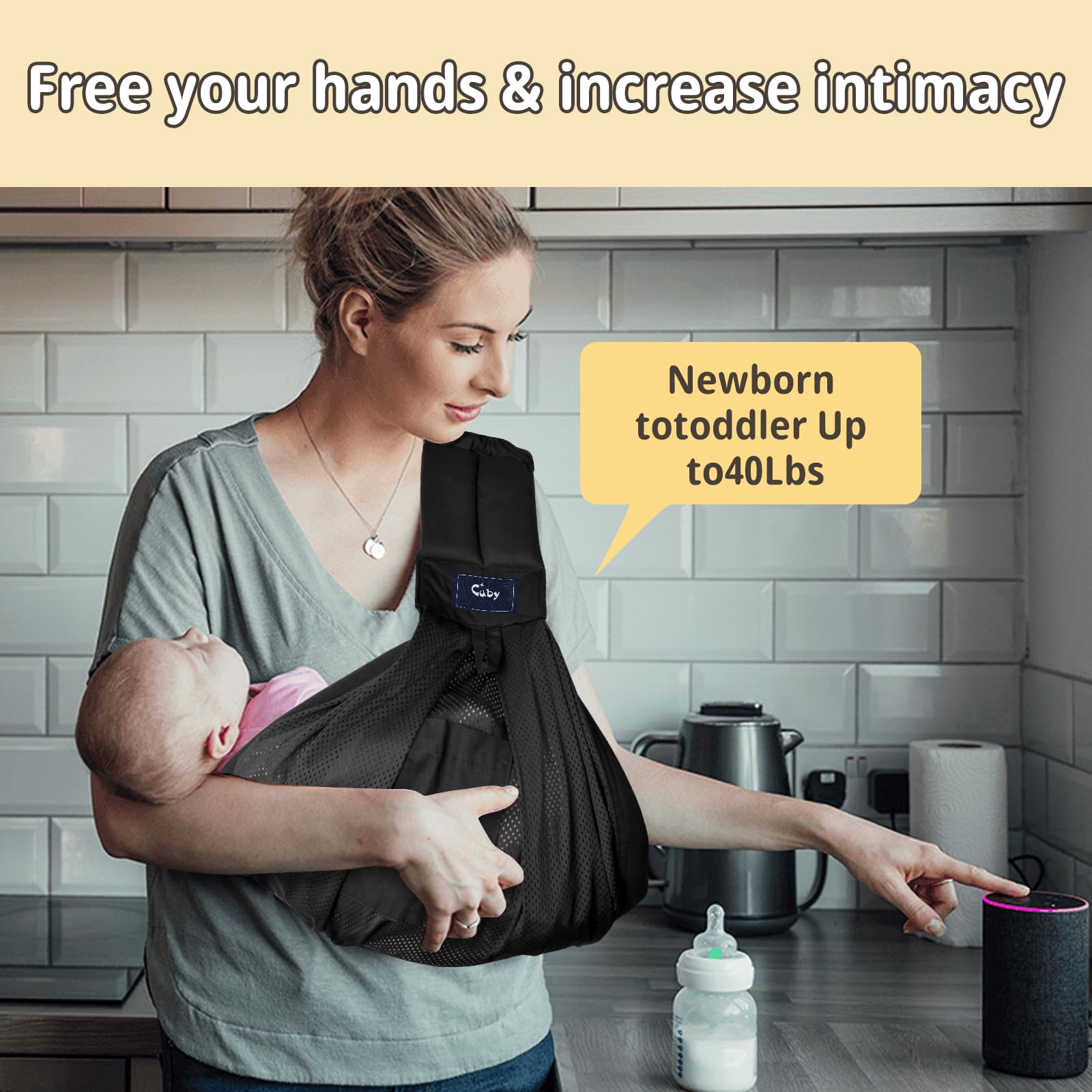 Cuby Mesh Baby Sling demonstrates adjustable strap for flexible sizing