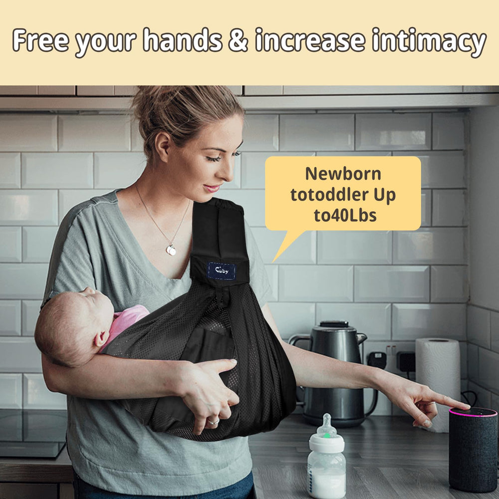 Cuby Mesh Baby Sling demonstrates adjustable strap for flexible sizing
