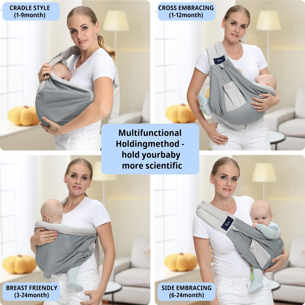 CUBY mesh baby sling soft cotton pad enhances baby neck and leg comfort.