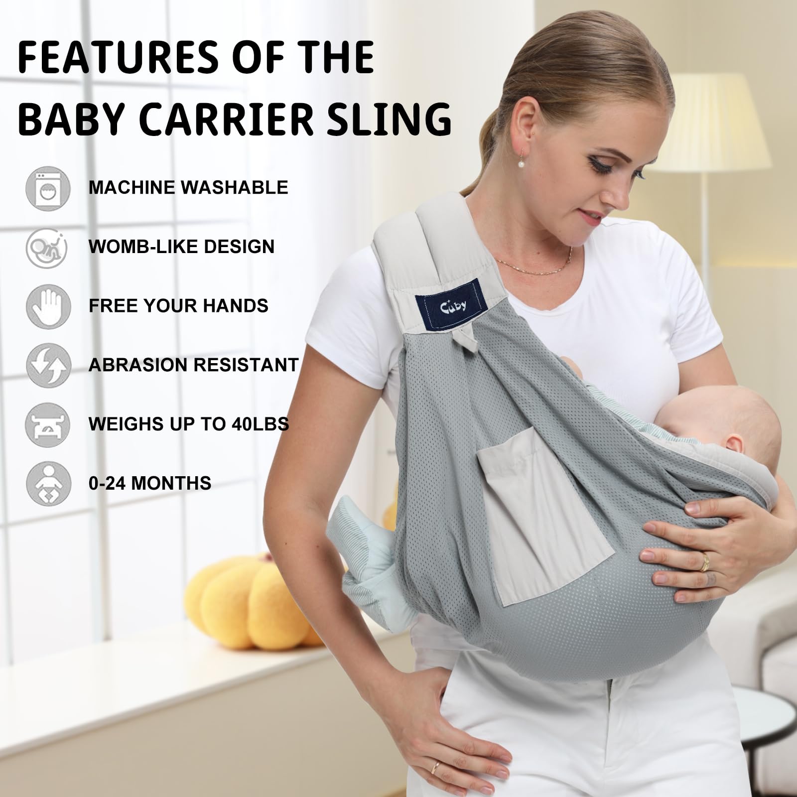 CUBY mesh baby sling ergonomic pad emphasizes weight distribution for comfortable wear.