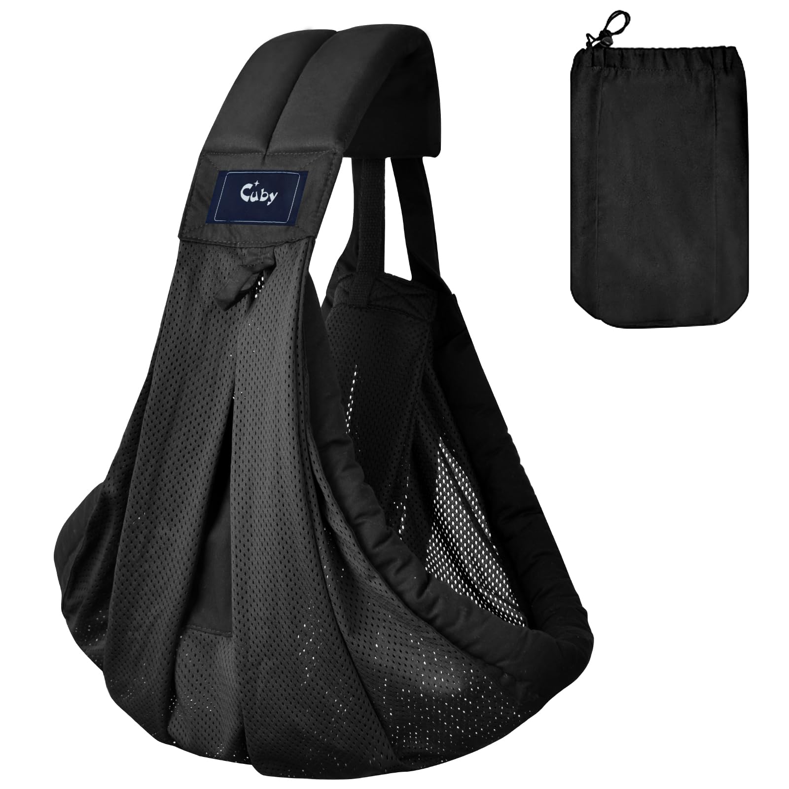 Cuby Mesh Baby Sling front view in black mesh for breathable comfort on the go