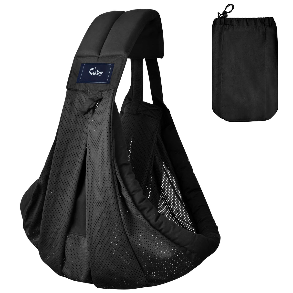 Cuby Mesh Baby Sling front view in black mesh for breathable comfort on the go