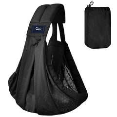 Cuby Mesh Baby Sling front view in black mesh for breathable comfort on the go
