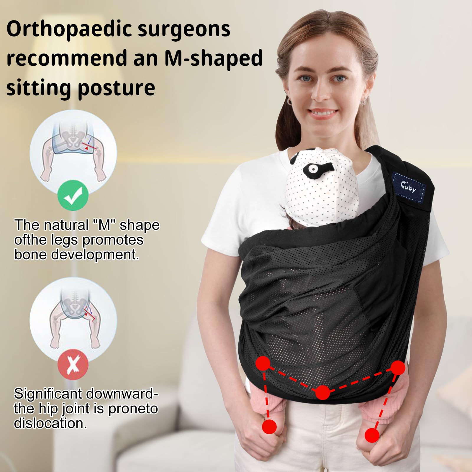 Cuby Mesh Baby Sling shows soft cotton pad for safe snug seating
