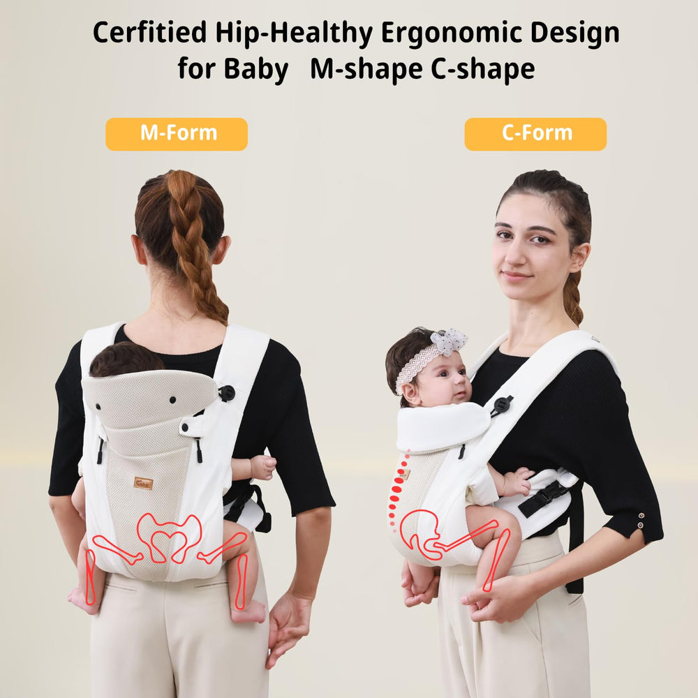 CUBY carrier shows baby seated in ergonomic wrap position