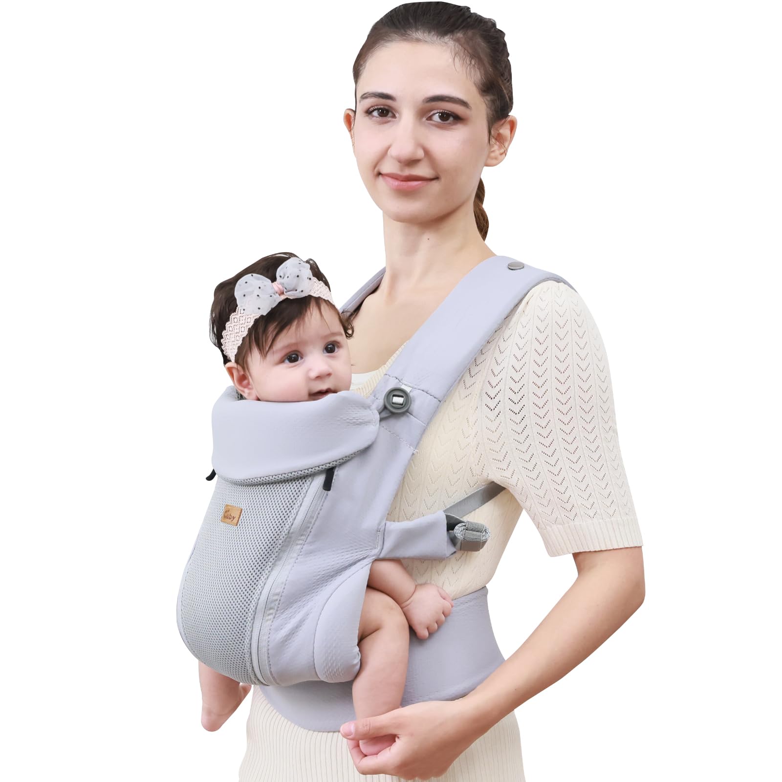 CUBY newborn carrier light gray front view with breathable fabric for comfort