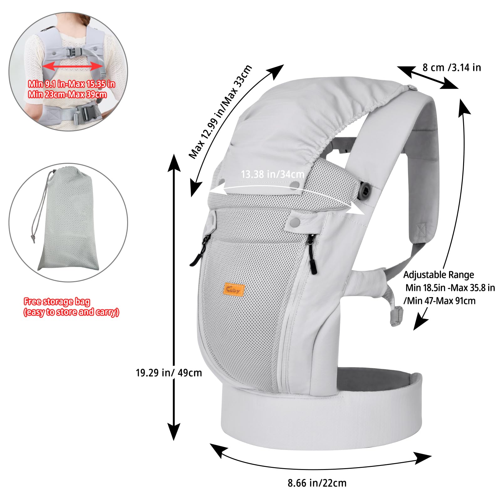 CUBY newborn carrier storage-bag view reveals built-in mesh pouch