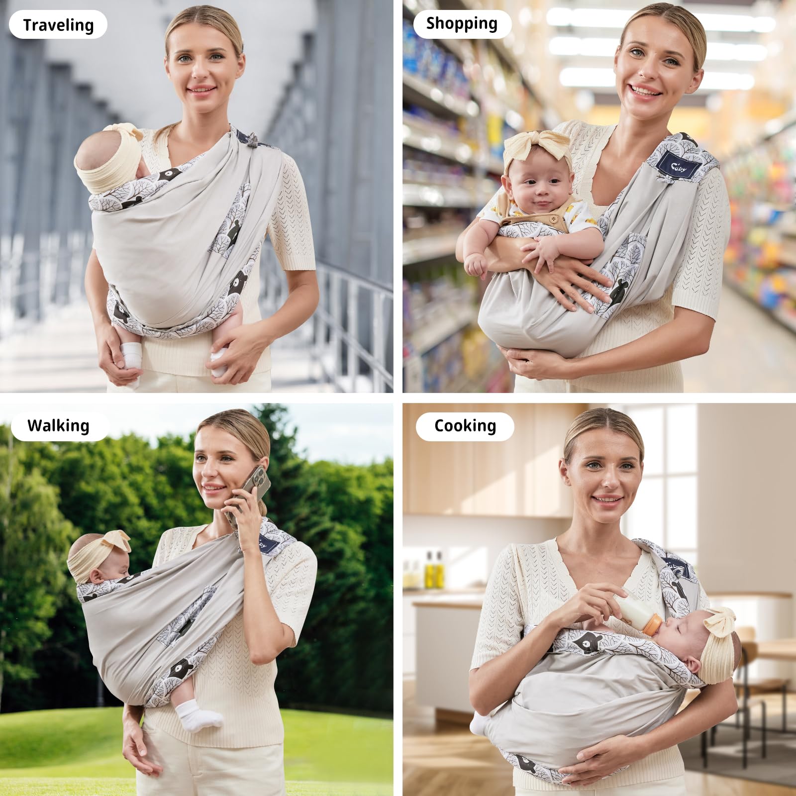 Cuby newborn-to-toddler carrier featuring gray bear design for cozy outings