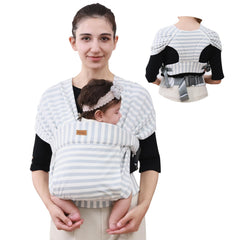 CUBY newborn wrap with green stripe shows baby securely seated for ergonomic comfort