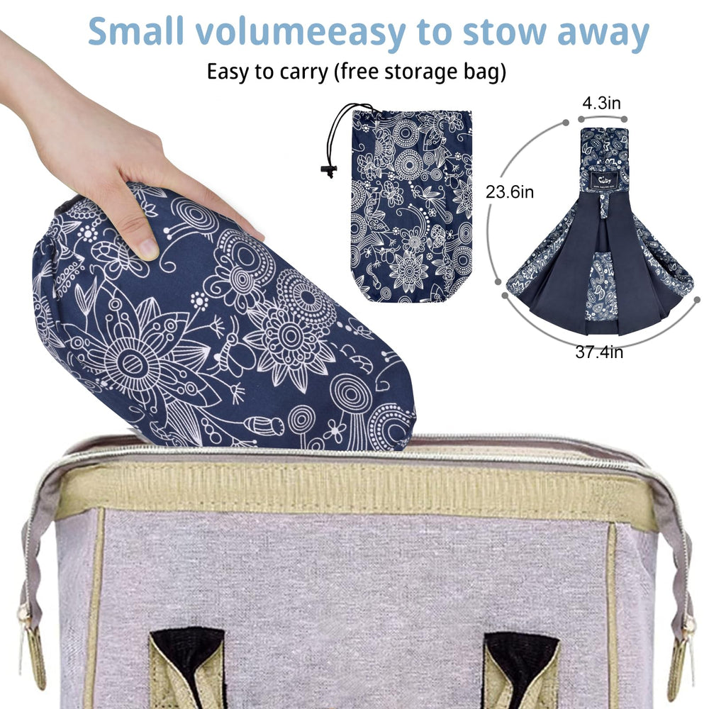CUBY Wrap Baby Sling Carrier in dark blue floral quick on/off design for easy use