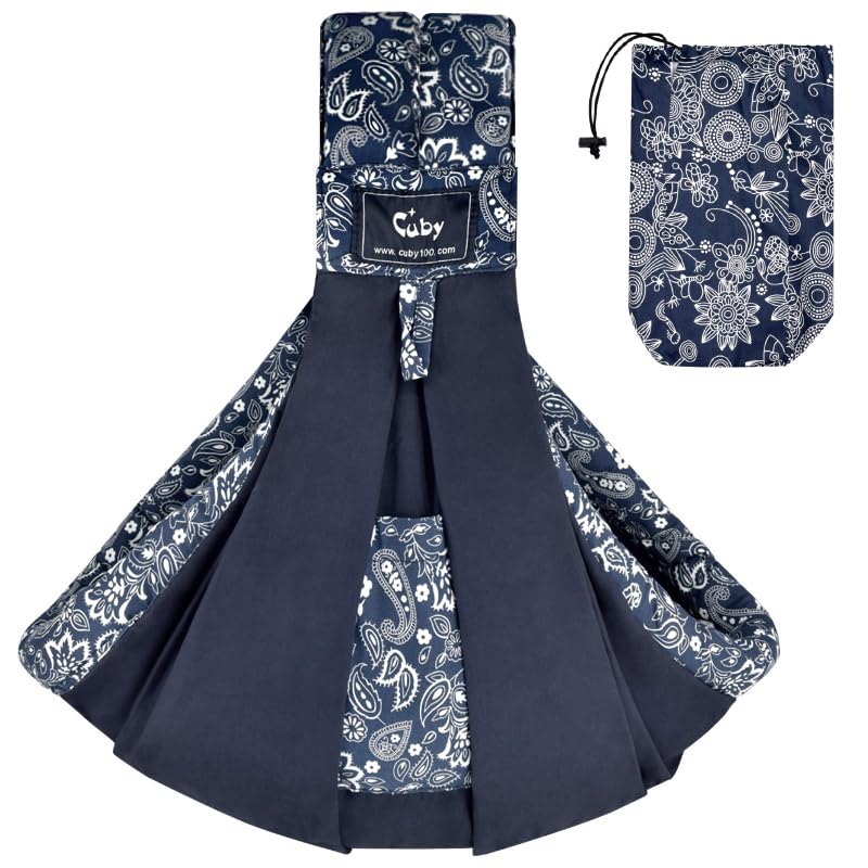 CUBY Wrap Baby Sling Carrier in dark blue floral worn in front carry for bonding