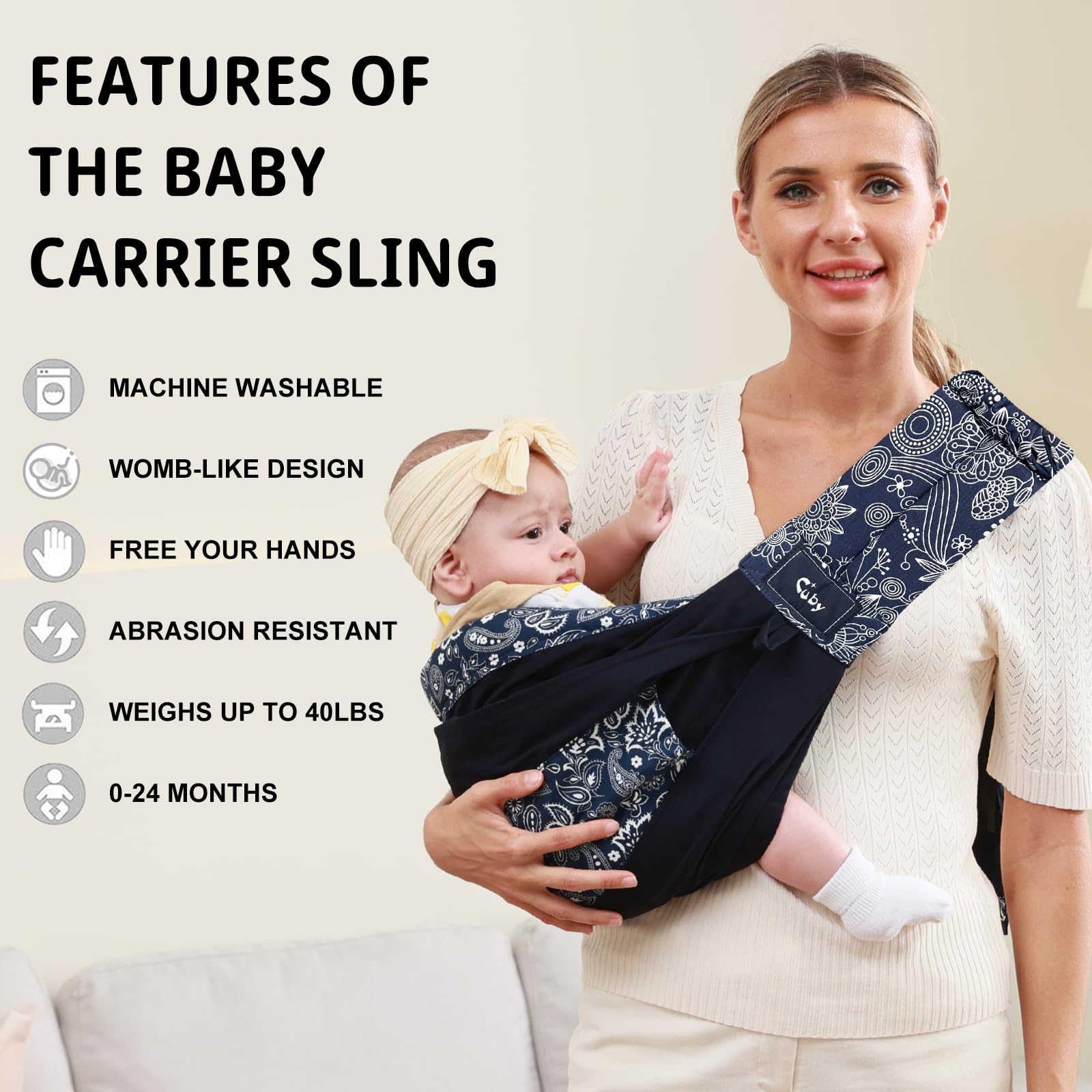 CUBY Wrap Baby Sling Carrier in dark blue floral demonstrated in hip carry for ergonomic support