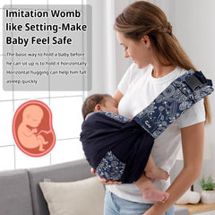 CUBY Wrap Baby Sling Carrier in dark blue floral newborn snuggle position