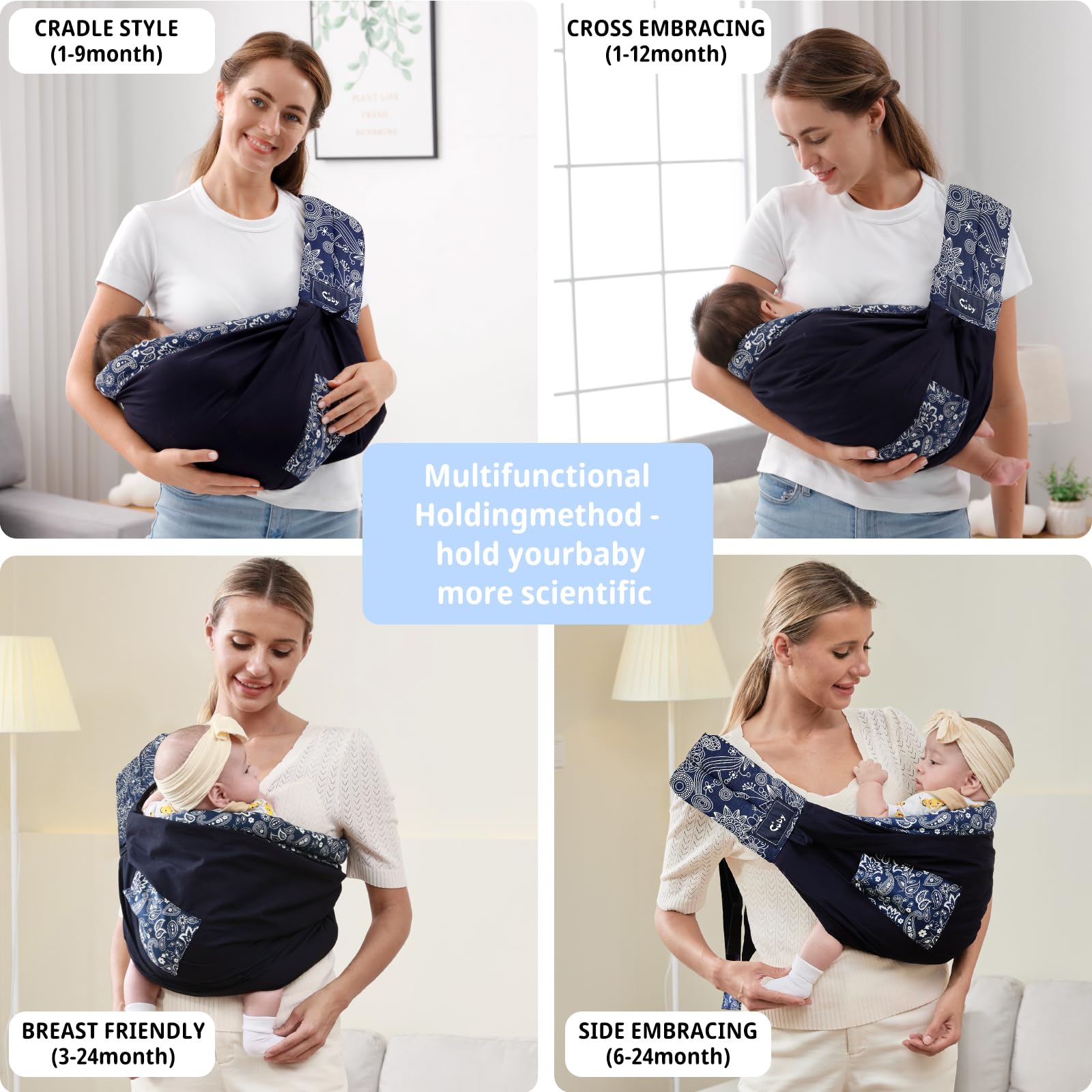 CUBY Wrap Baby Sling Carrier in dark blue floral used as nursing cover