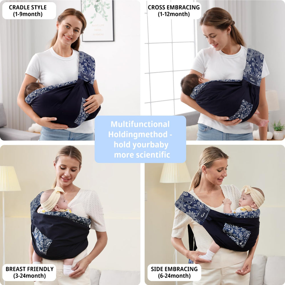 CUBY Wrap Baby Sling Carrier in dark blue floral used as nursing cover