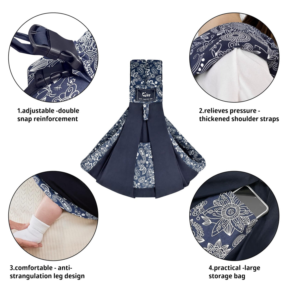 CUBY Wrap Baby Sling Carrier in dark blue floral shows wide shoulder padding for comfort