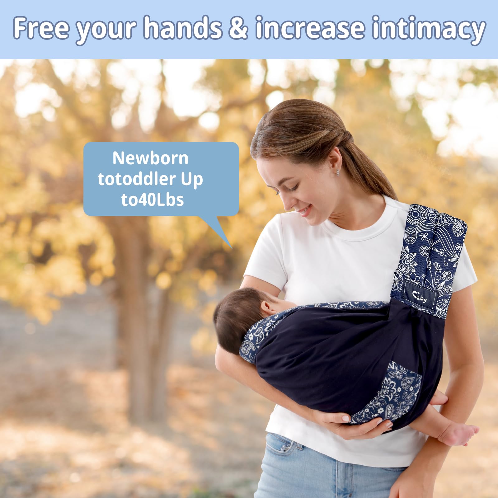 CUBY Wrap Baby Sling Carrier in dark blue floral soft cotton for breathability