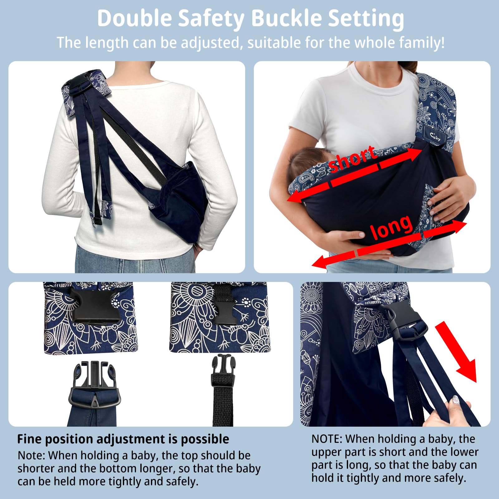 CUBY Wrap Baby Sling Carrier in dark blue floral includes storage bag for travel