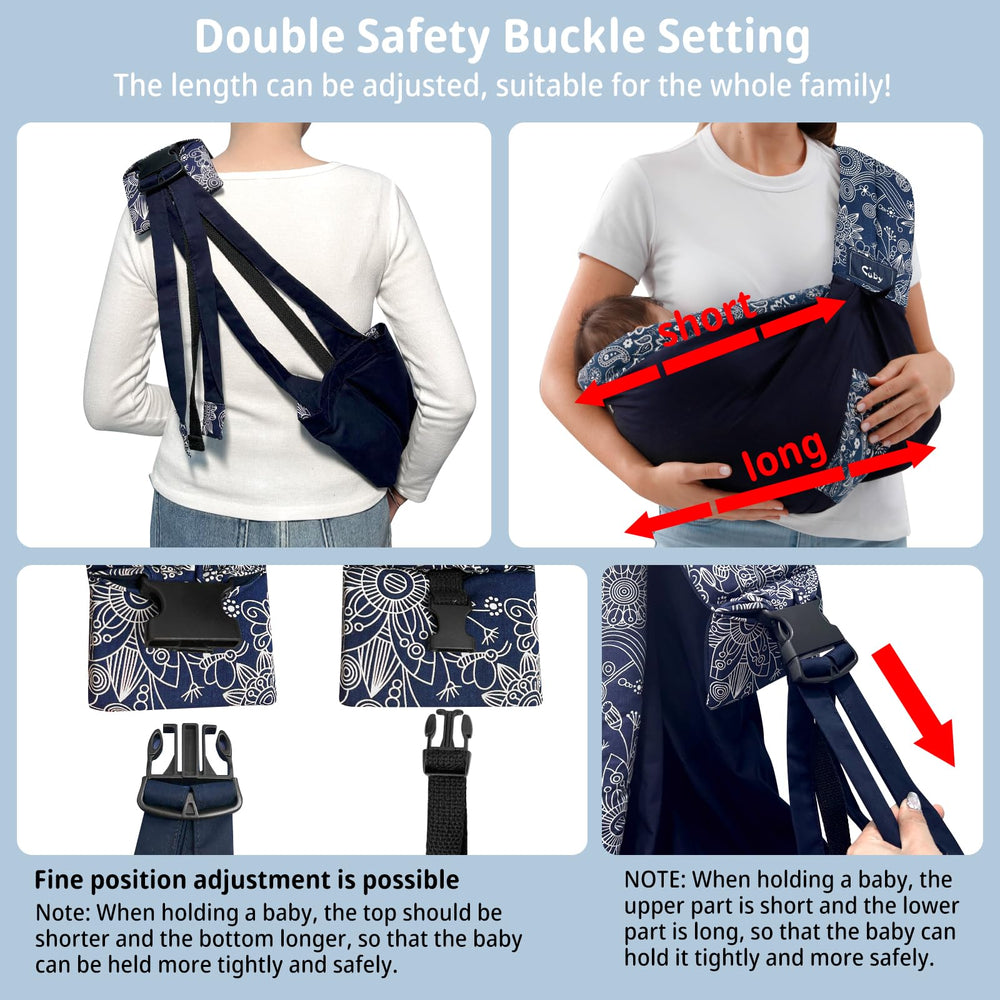 CUBY Wrap Baby Sling Carrier in dark blue floral includes storage bag for travel