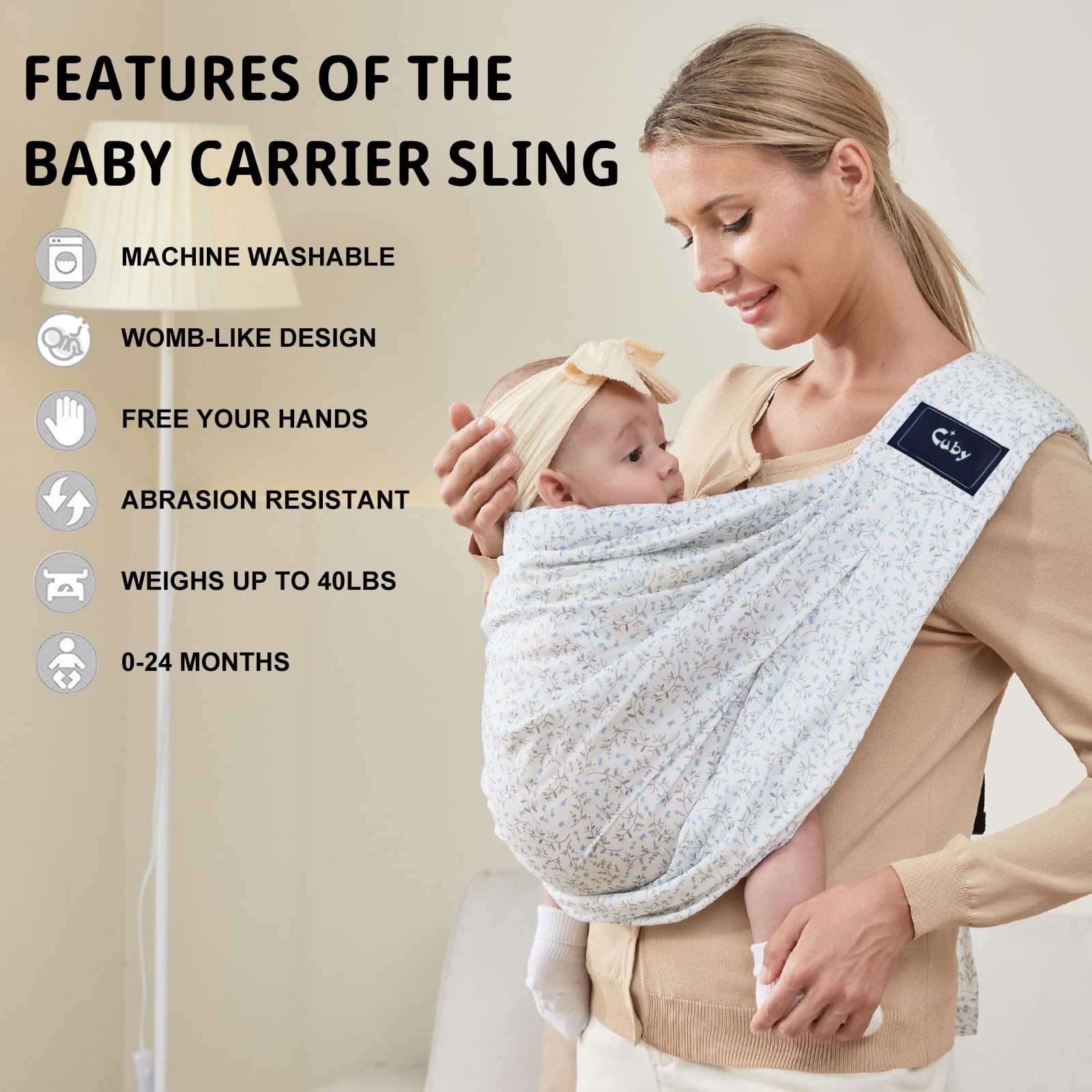 CUBY Wrap ergonomic cotton pad highlights baby support and skin comfort.