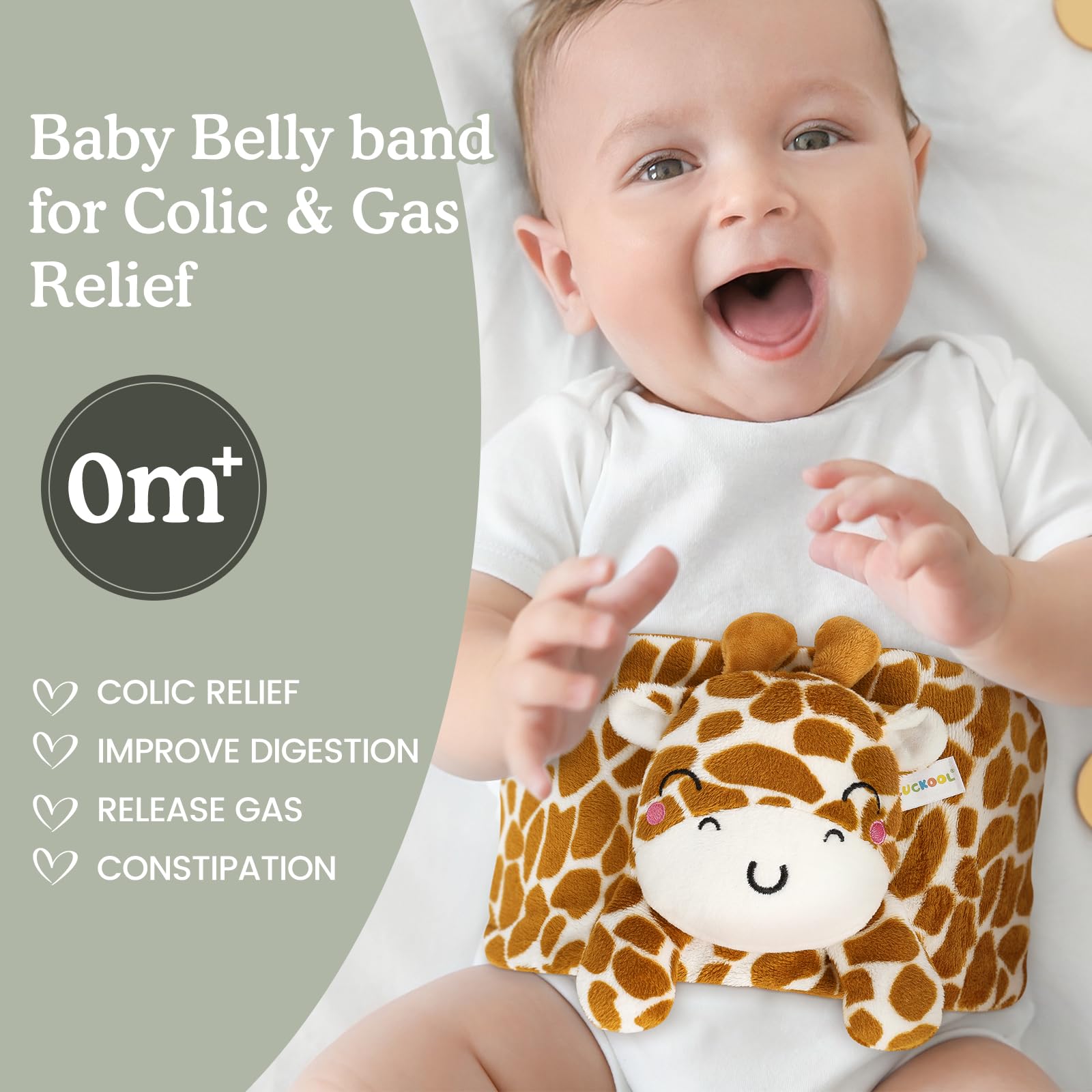 Cuckool baby belly wrap giraffe design distracts during colic.