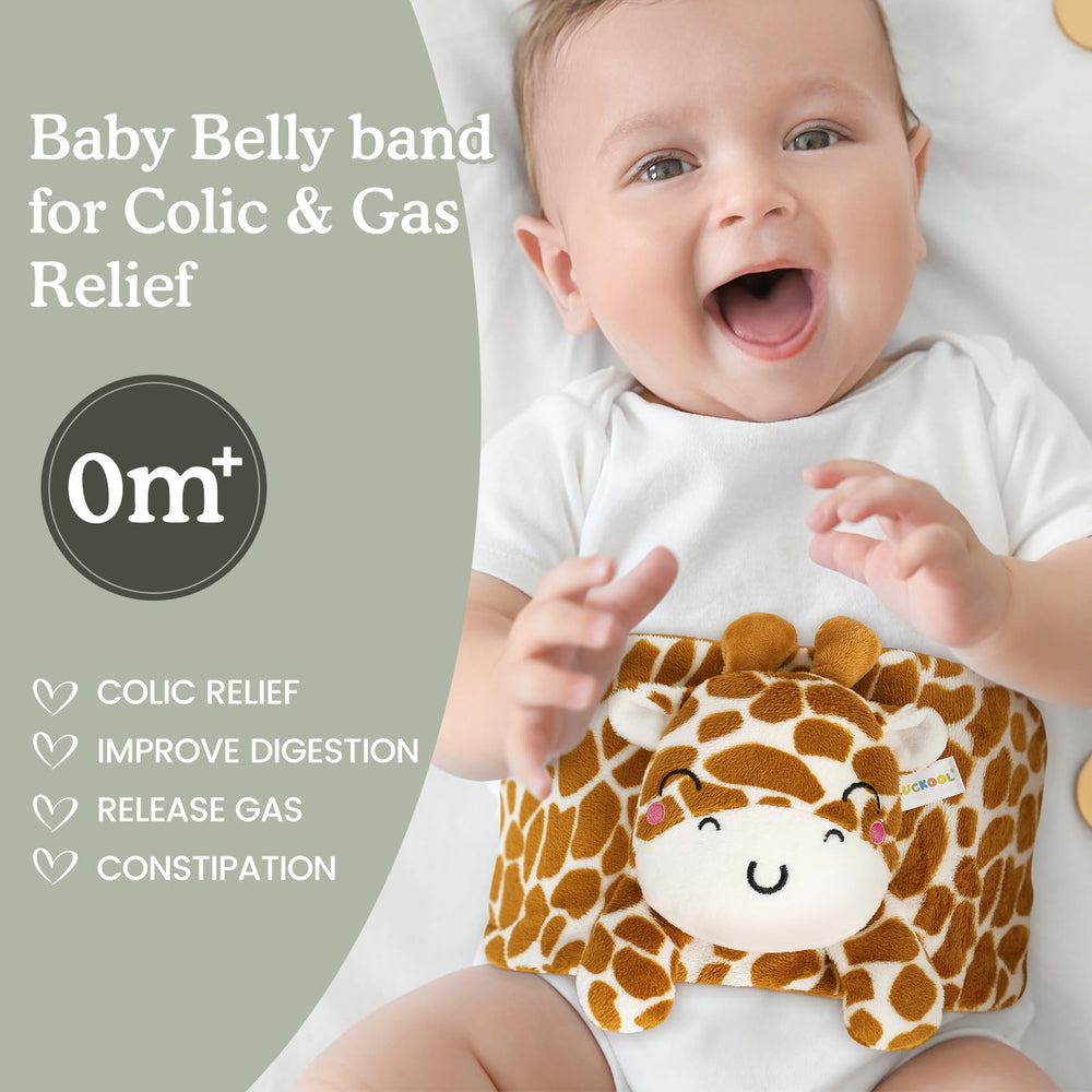 Cuckool baby belly wrap giraffe design distracts during colic.