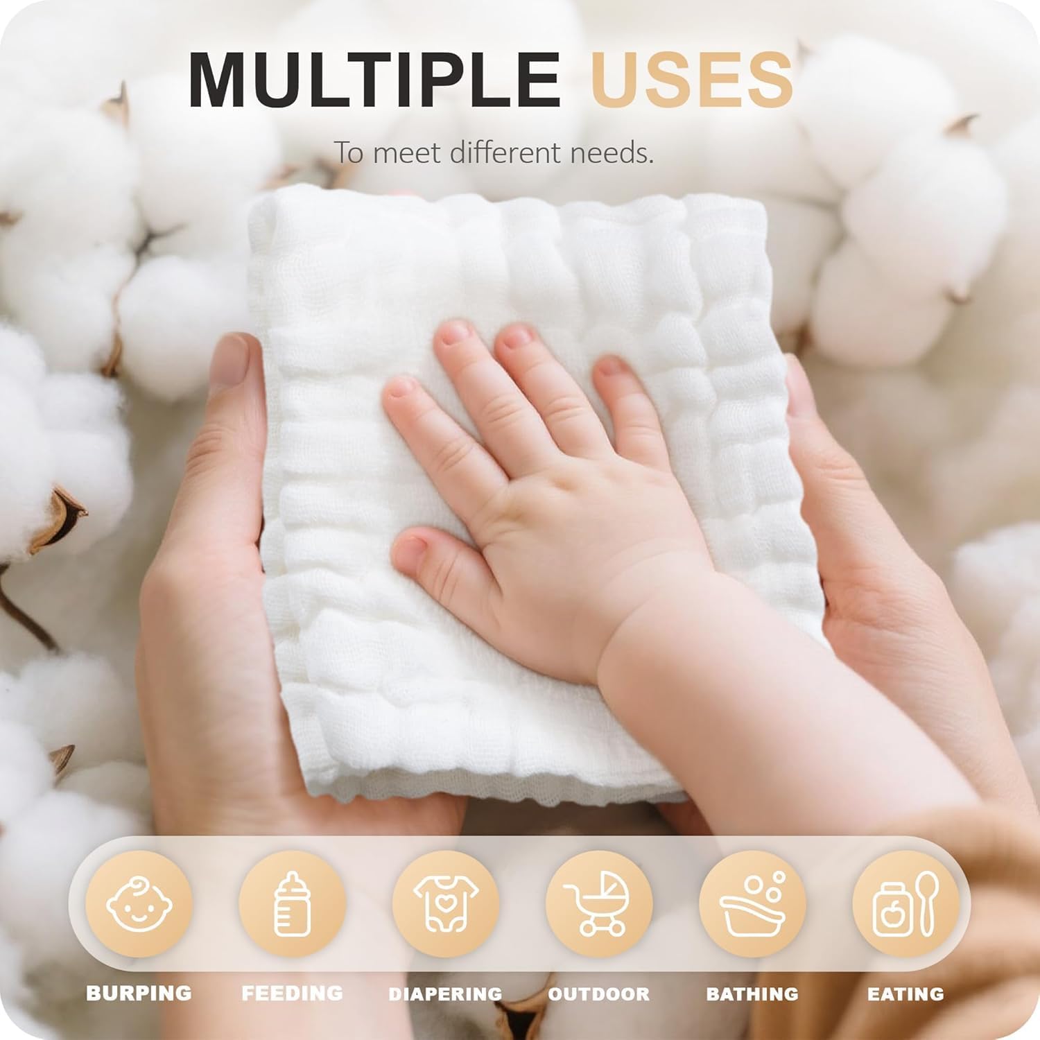Cuddle Campus 12x12 inch washcloths laid out, showing versatile baby care uses.