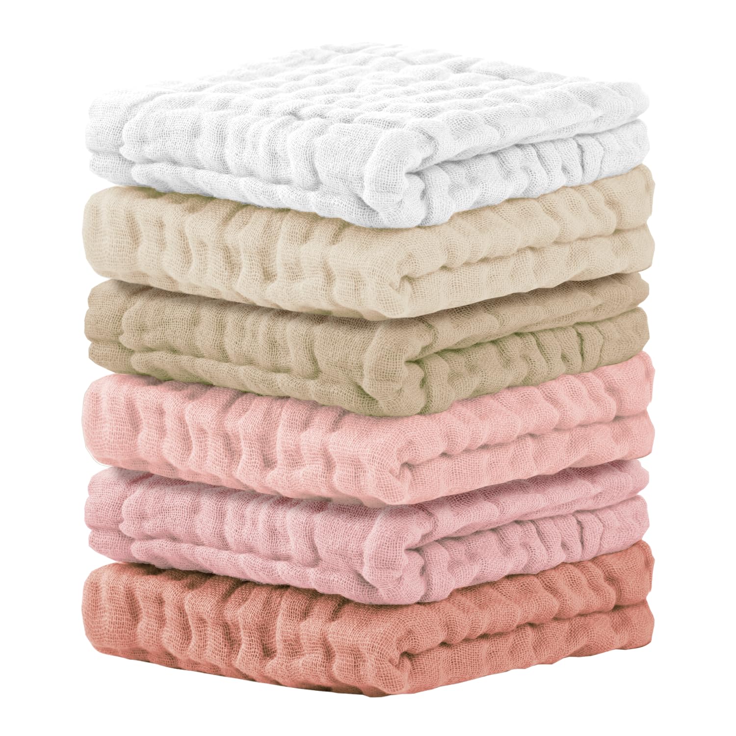 Cuddle Campus baby washcloths 6-pack closeup shows ultra-soft cotton for gentle newborn cleansing.