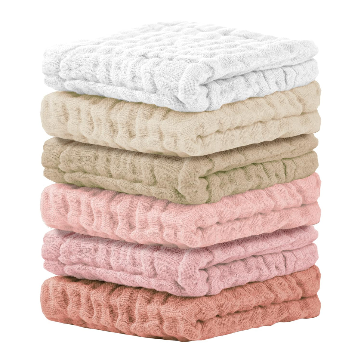 Cuddle Campus baby washcloths 6-pack closeup shows ultra-soft cotton for gentle newborn cleansing.
